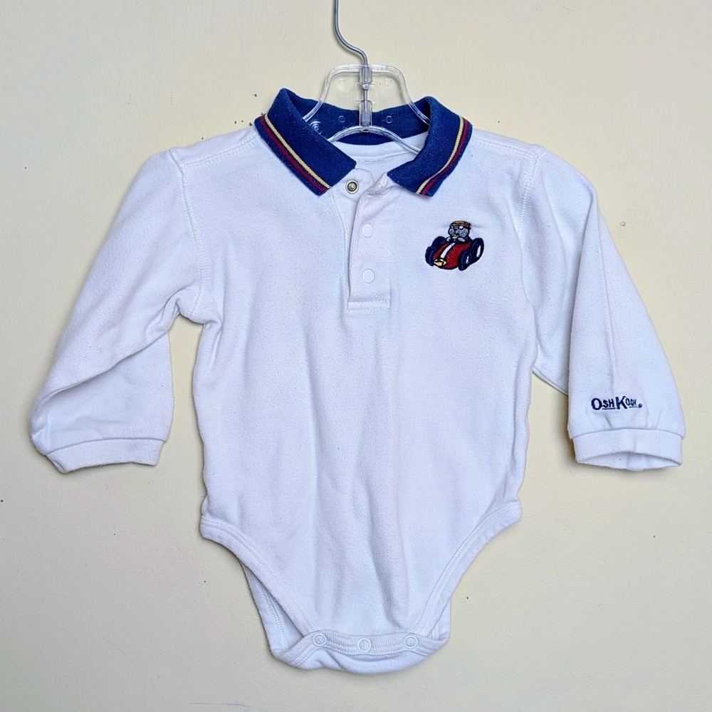 Vintage Osh Kosh B'gosh Race Car Gopher White Bodysuit USA Baby Boys 12 Months